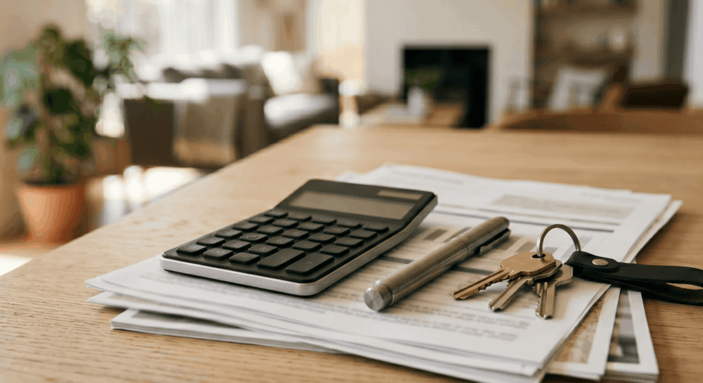 A calculator, a silver pen, and a set of house keys resting on a stack of documents on a wooden table, set against a softly blurred home interior.