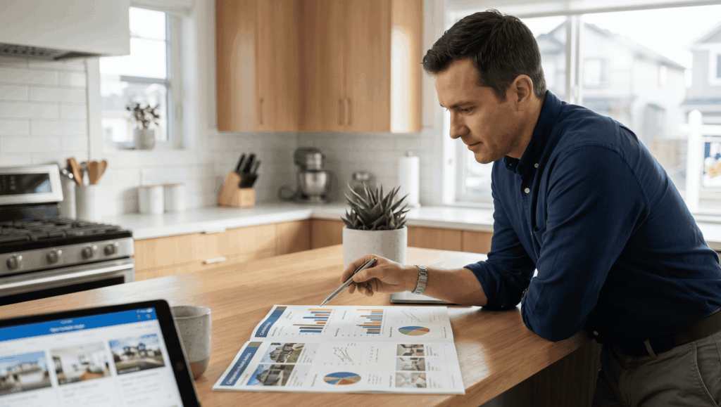 A man in a blue shirt standing at a modern kitchen island, using a pen to review a real estate market analysis document filled with charts and property photos.