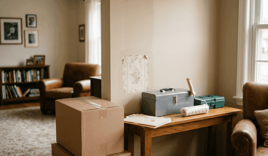 A wooden console table holding a toolbox, a paint roller, and folders sits beneath a wall with a patch of exposed floral wallpaper, with moving boxes stacked nearby in a cozy living room.