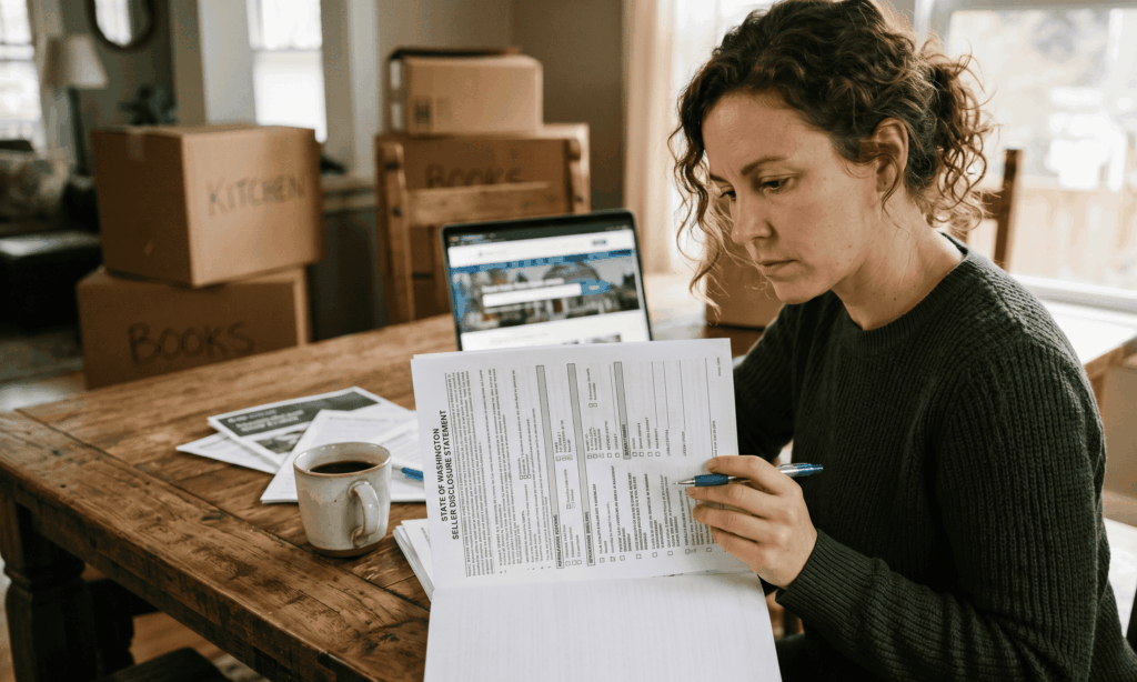 A focused woman sitting at a rustic wooden table, reviewing a State of Washington Seller Disclosure Statement, with packed moving boxes in the background.