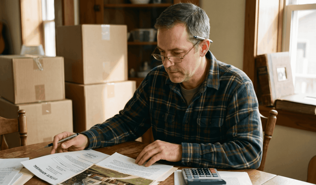 A thoughtful man in a plaid shirt sitting at a wooden table, reviewing an Estate Appraisal document alongside a calculator, with moving boxes stacked in the background.