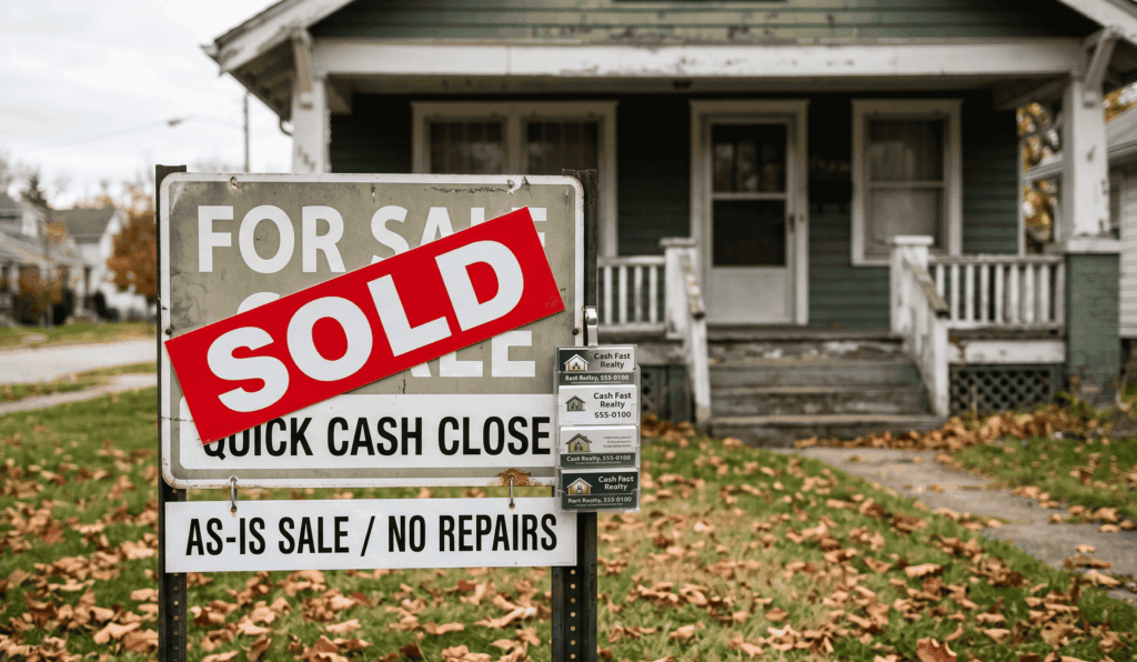 A real estate sign in a leaf-covered front yard featuring a prominent red "SOLD" banner over "FOR SALE," along with riders for a "QUICK CASH CLOSE" and "AS-IS SALE / NO REPAIRS," standing in front of an older home.