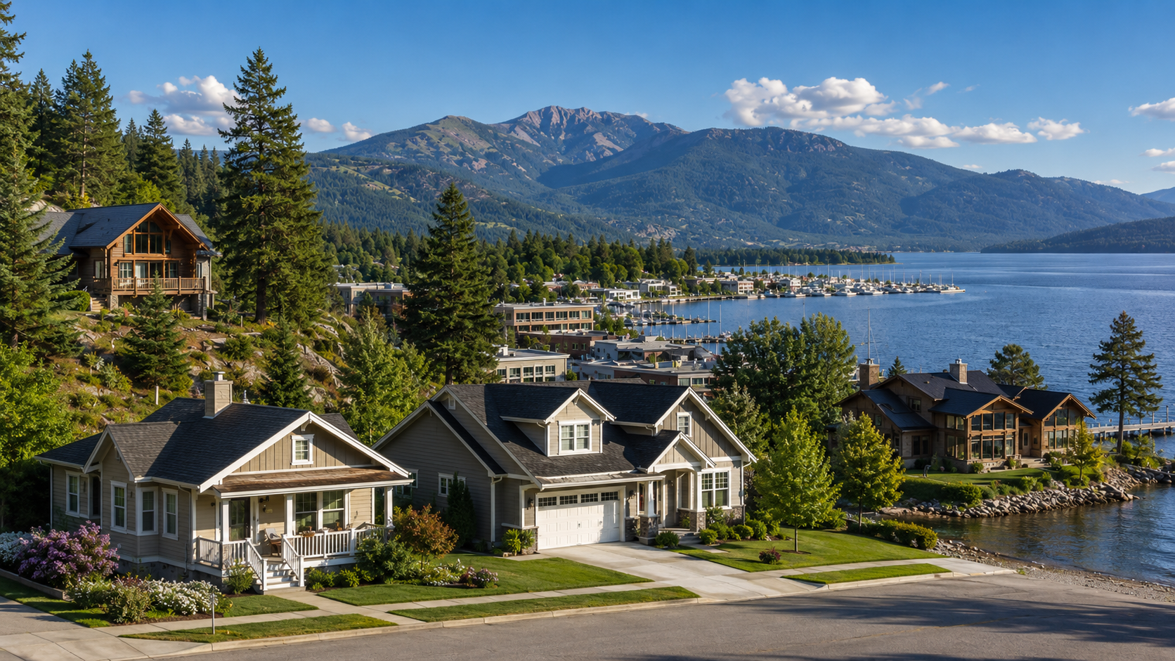 Lakefront homes overlooking a North Idaho lake with forested hills and mountains in the background.