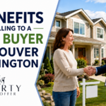 A man and women shaking hands infront of a home after successfully selling their home for cash.