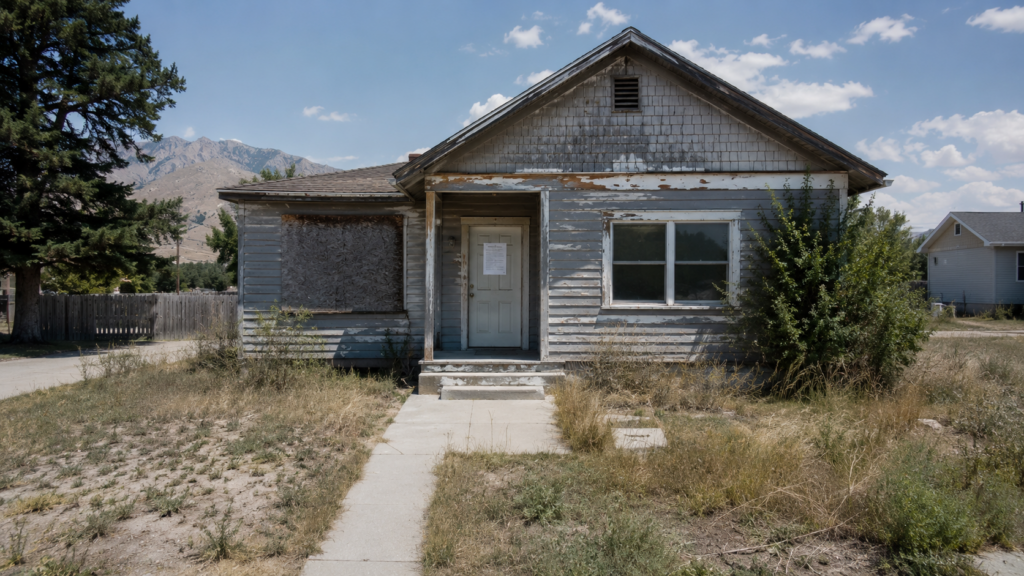 Condemned Idaho home with boarded window, posted notice, and overgrown front yard