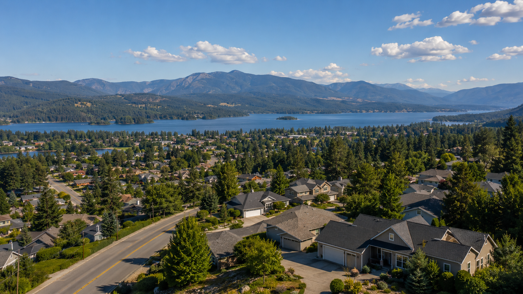 Aerial view of a residential neighborhood overlooking a lake, with forested hills and mountains in the background.