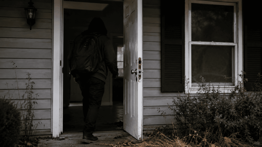Hooded person entering a vacant home without permission.