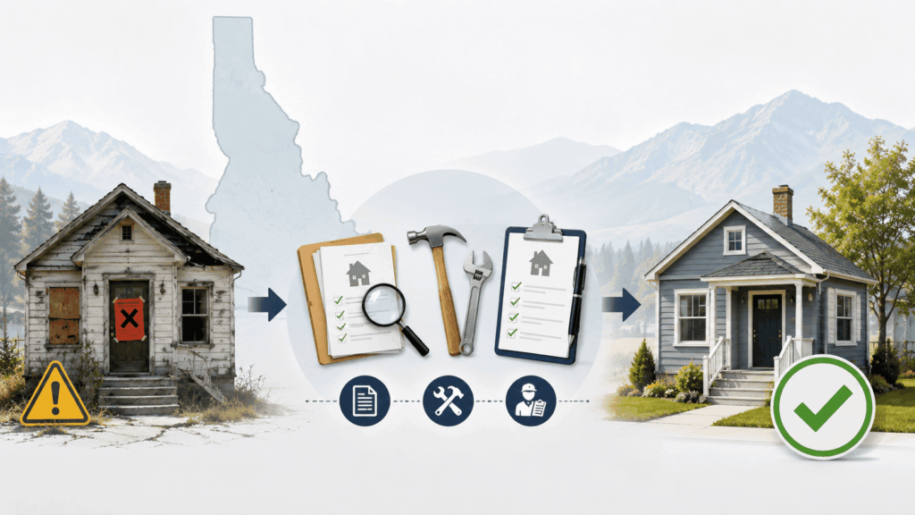 Process of removing condemnation from Idaho home with repair tools, inspection checklist, and approval mark