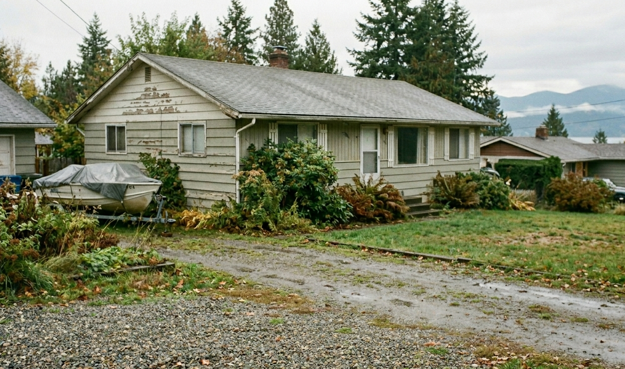 Older single-story Sandpoint home with peeling paint and overgrown yard that Liberty Fair Offer would buy as-is for cash.
