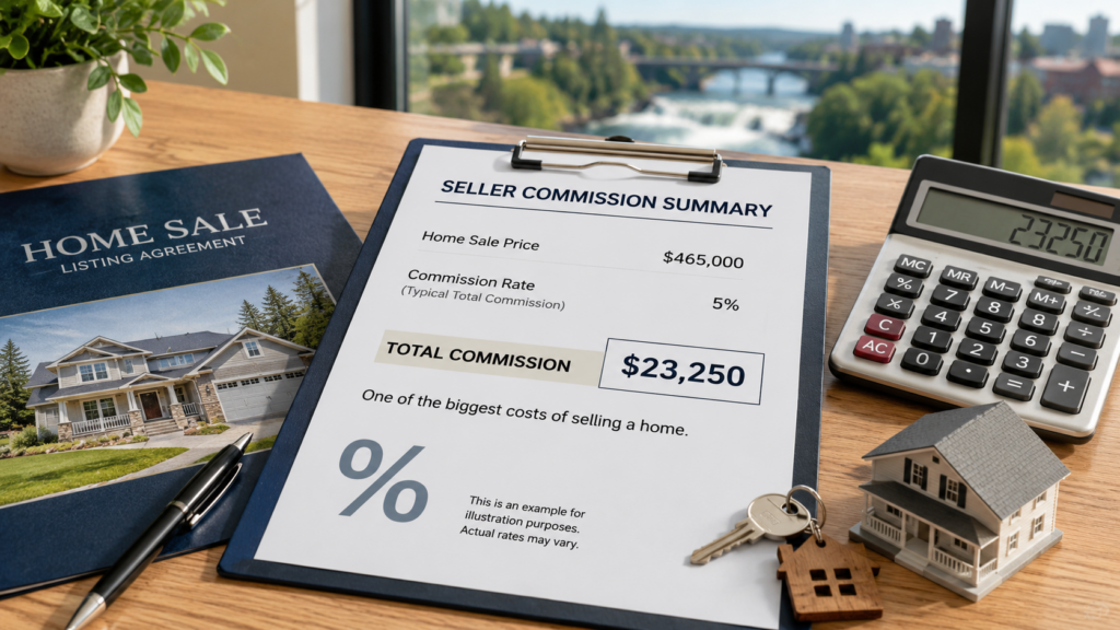 Home sale documents, calculator, house model, and keys representing negotiable agent compensation on a Spokane Valley property sale.
