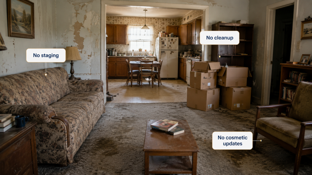 Outdated Marysville living room with worn finishes, stored boxes, and labels showing no staging, cleanup, or cosmetic updates.