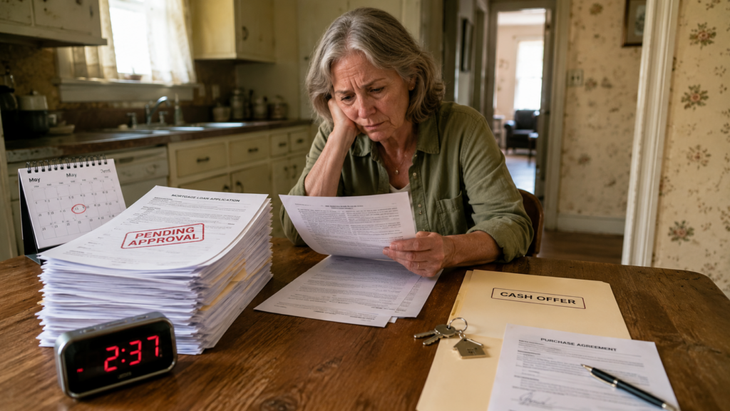 Concerned homeowner reviewing pending mortgage approval papers beside a cash offer and purchase agreement.