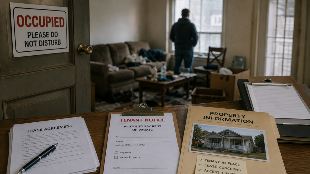 Occupied rental home with a tenant notice, lease agreement, property records, and limited-access concerns.