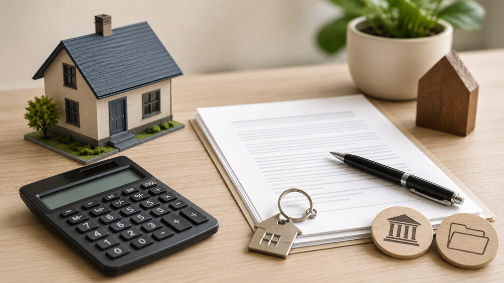 House model, calculator, property documents, keys, and finance symbols representing seller closing costs in Washington.