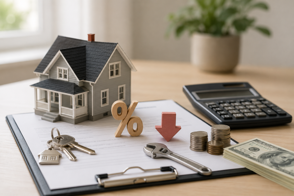 House model, money, coins, repair tool, calculator, and percentage symbol representing seller credits, repair concessions, closing cost help, and rate buydowns.