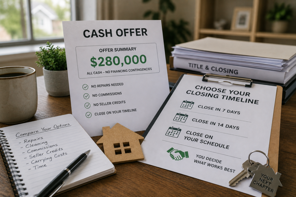 Cash offer summary beside closing timeline options, title documents, and a list comparing common sale costs.