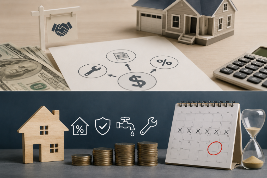 House model, rising stacks of coins, expense symbols, calendar, and hourglass representing ongoing mortgage, tax, insurance, utility, and maintenance costs while a home remains unsold.