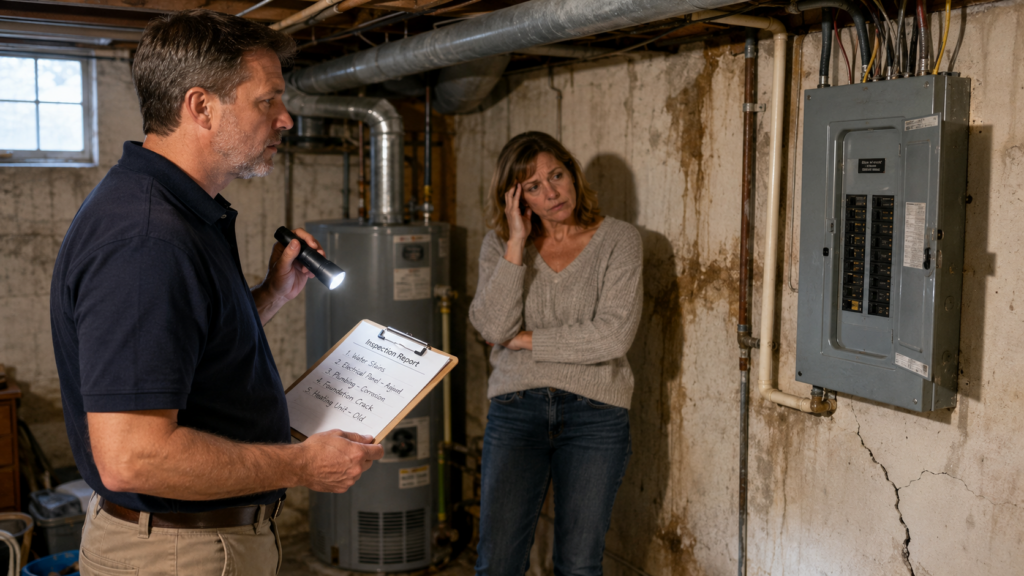 Home inspector reviewing an old electrical panel and water damage while a concerned homeowner watches.