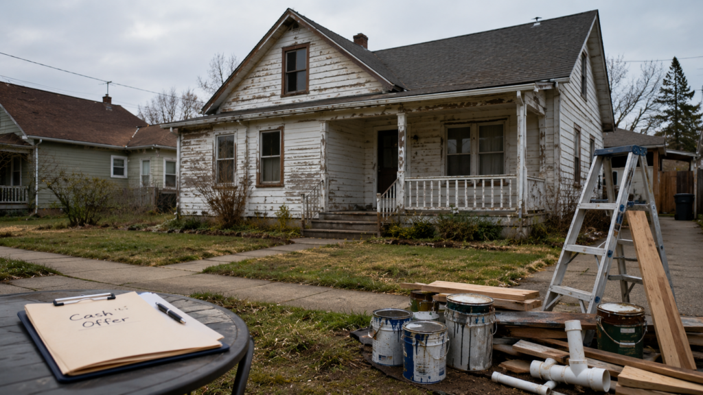 Older Marysville house with peeling siding, repair supplies, and a cash offer document in the yard.