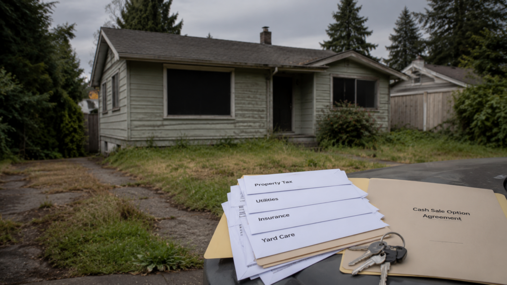 Vacant older Marysville house with property tax, utility, insurance, and yard care bills beside a cash sale agreement.
