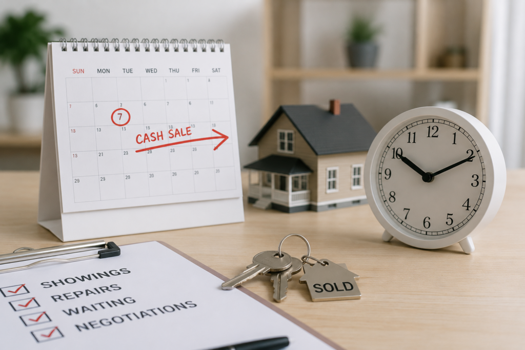 Calendar marked for a cash sale beside a clock, house model, keys, and a sold tag showing a faster closing timeline.