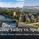 Split image comparing downtown Spokane along the river with a suburban Spokane Valley neighbourhood, titled “Spokane Valley vs. Spokane: What Home Sellers Need to Know.”