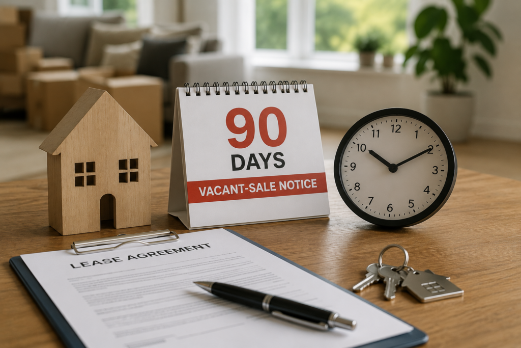 House model, 90 day notice calendar, clock, and lease agreement representing Washington’s vacant sale process for a tenant occupied home.
