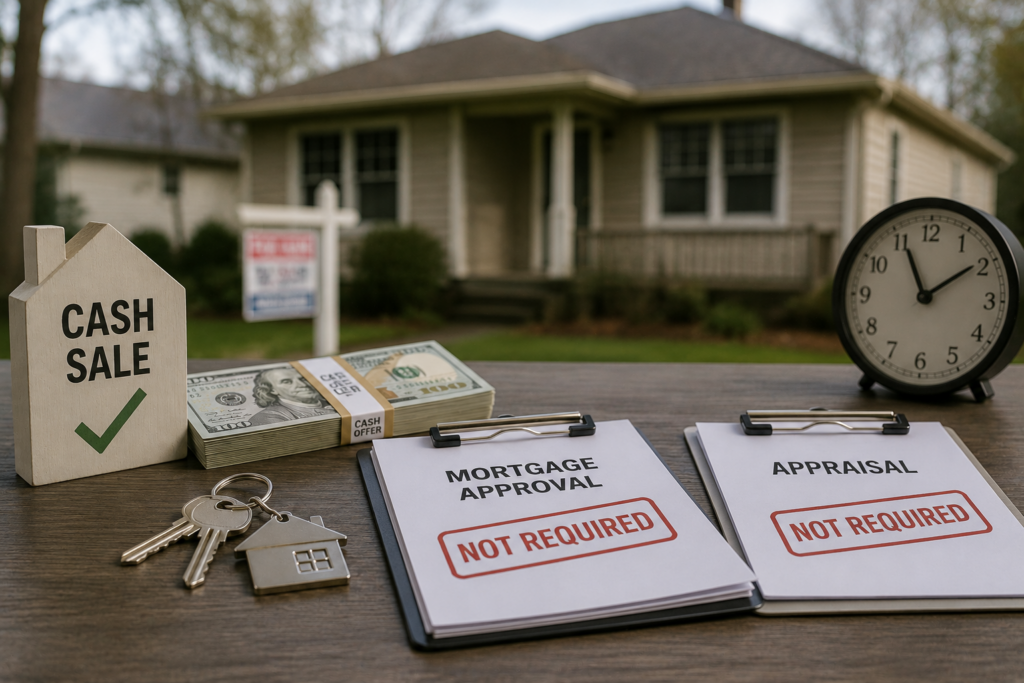 Cash sale documents, house keys, and a tenant occupied Olympia rental showing that mortgage approval and appraisal are not required.