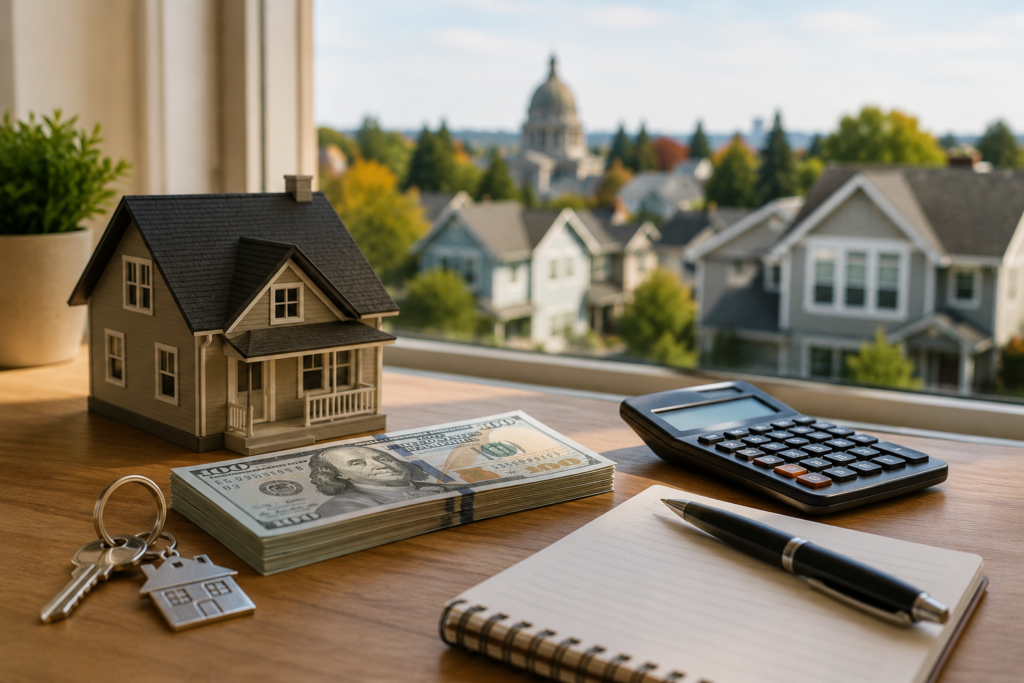 House model, cash, calculator, and keys showing rent collected from a tenant occupied home in Olympia, WA, until closing.