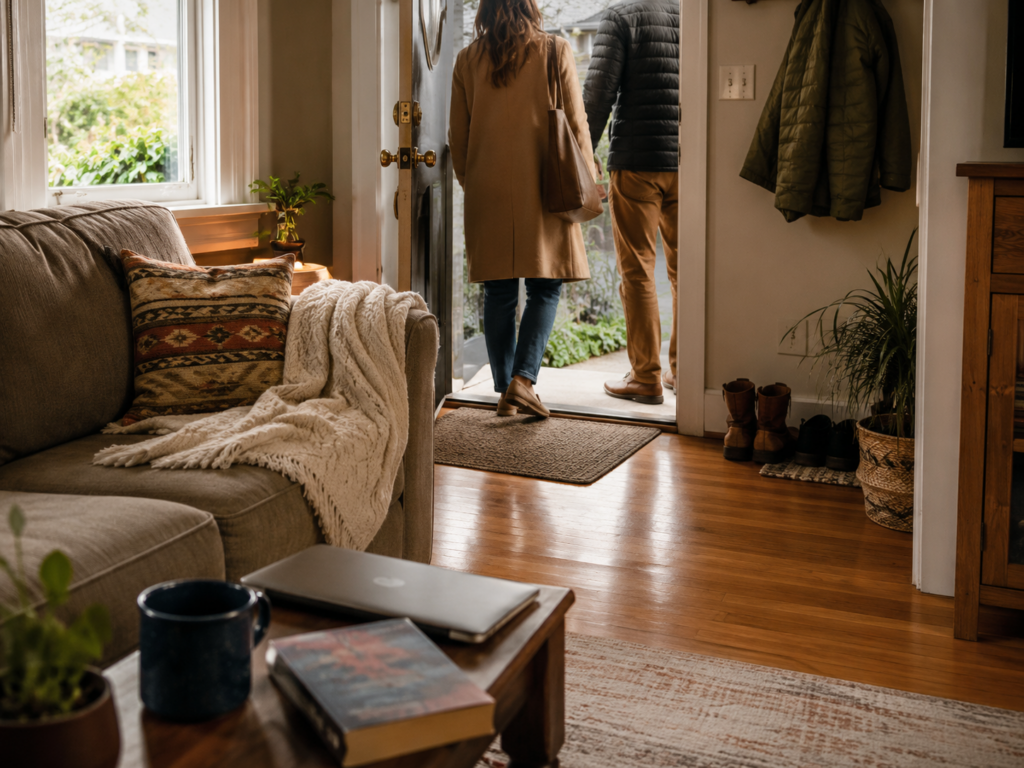 Two visitors leaving a tenant occupied Olympia home after a scheduled showing, representing fewer visits and less disruption for the tenant.