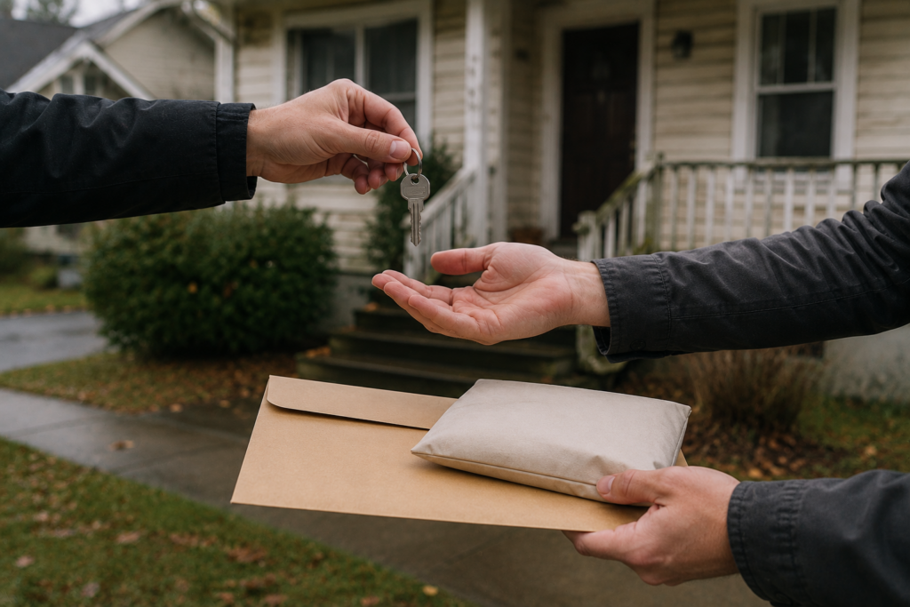 Transferring house keys, a sealed folder, and a deposit pouch outside an occupied Olympia rental at closing.