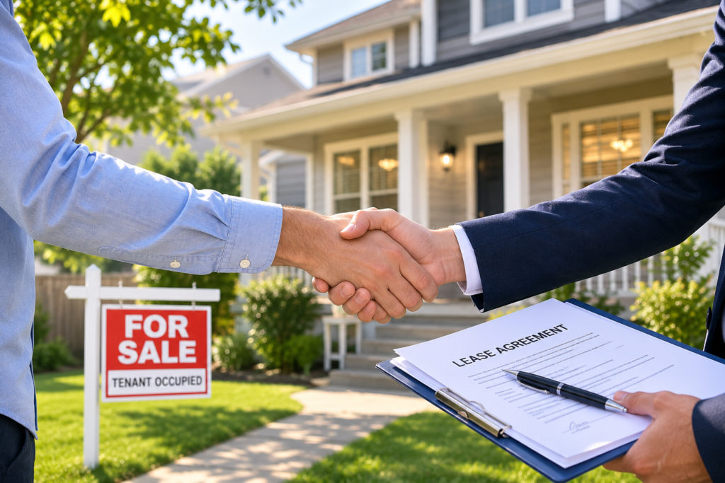 Hands shaking over a lease agreement and house keys outside a tenant occupied Olympia rental, showing the sale can proceed before the lease expires.