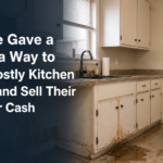Water-damaged kitchen with stained cabinets, a wet floor, and moving boxes prepared for an as-is cash home sale.