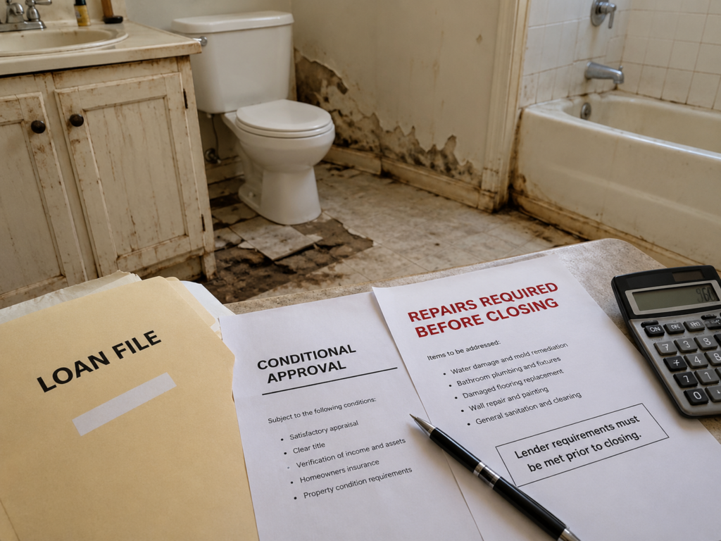 Loan file, conditional approval, and required repair notice displayed in front of a bathroom with damaged flooring, plumbing concerns, and mold-like growth.