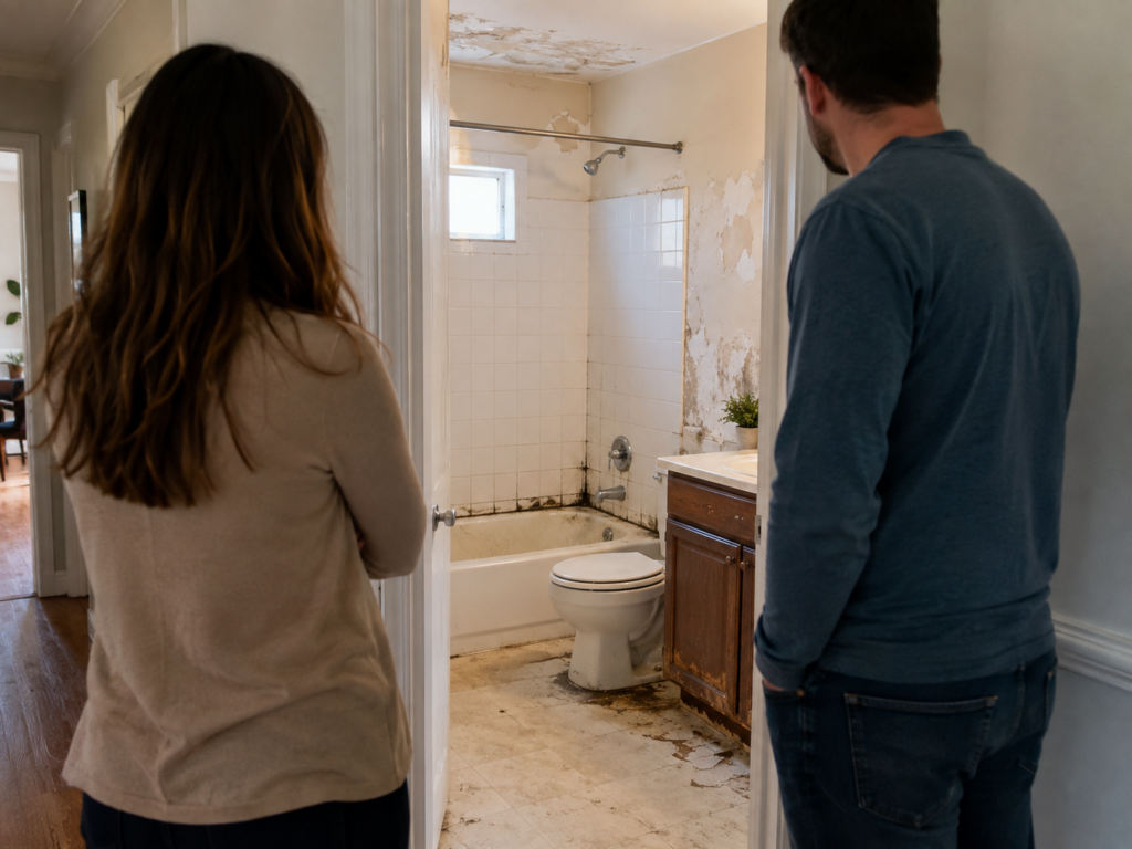 Prospective buyers viewed from behind as they inspect a bathroom with mold, peeling walls, stained flooring, and visible water damage.
