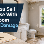 Water-damaged bathroom with peeling walls, stained flooring, and the title “Can You Sell a House With Bathroom Water Damage.