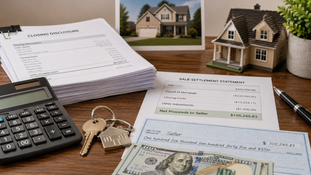Home sale settlement documents showing mortgage payoff, closing costs, and remaining equity