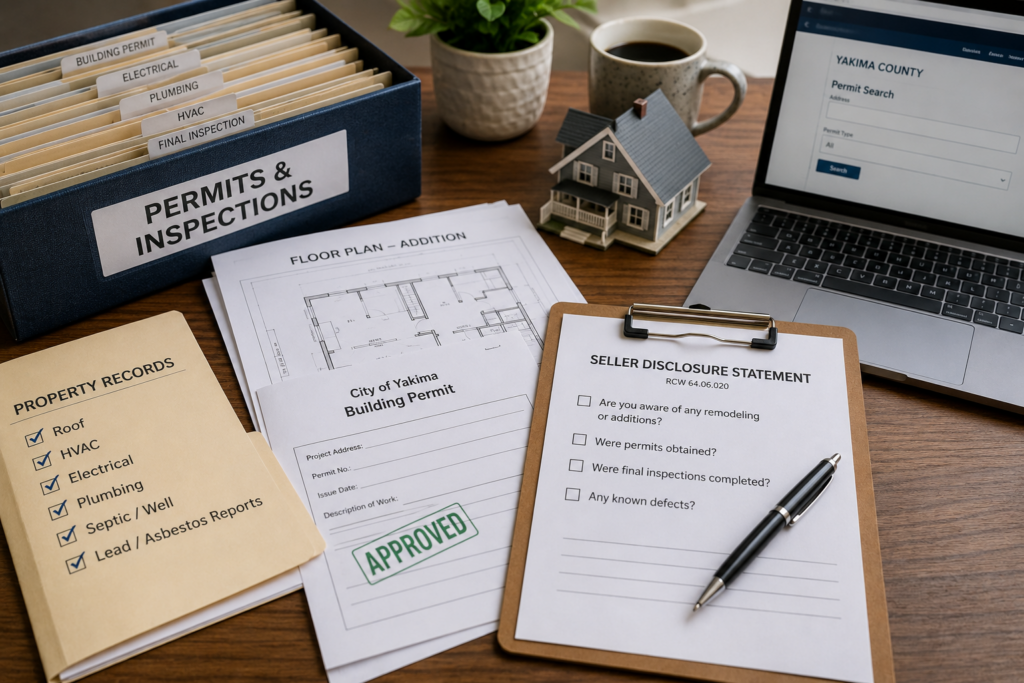 Building permits, inspection records, property documents, and seller disclosure paperwork prepared before a home sale.