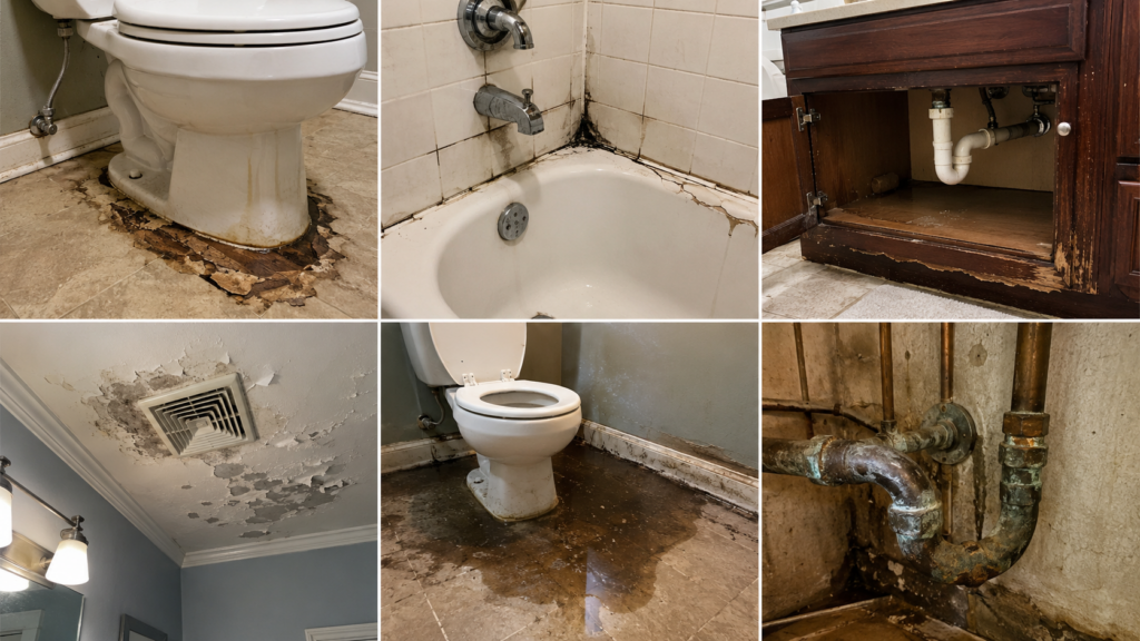 Collage showing six common bathroom water damage problems, including a leaking toilet, tub leak, sink leak, poor ventilation, toilet overflow, and corroded plumbing.