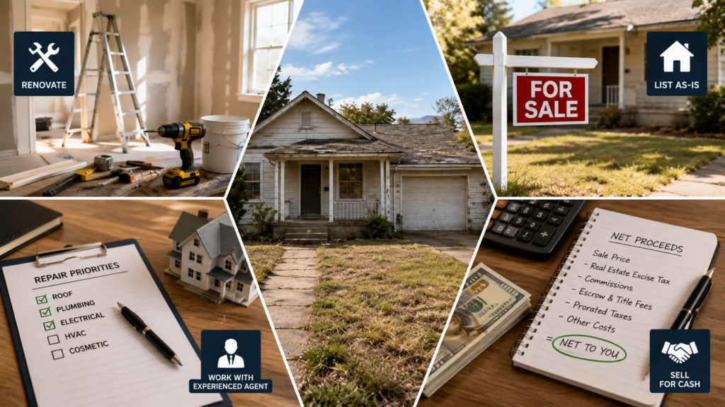 Outdated house with renovation, real estate listing, agent, and cash sale options being compared before selling.