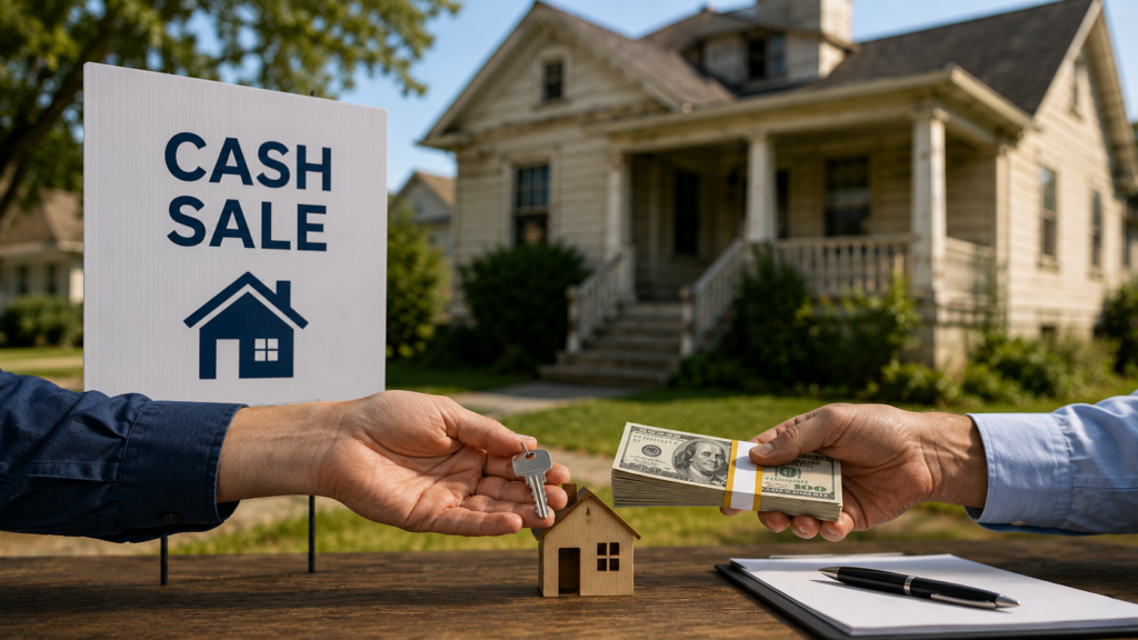Dated house with keys and cash representing a direct as-is cash home sale with a faster closing.