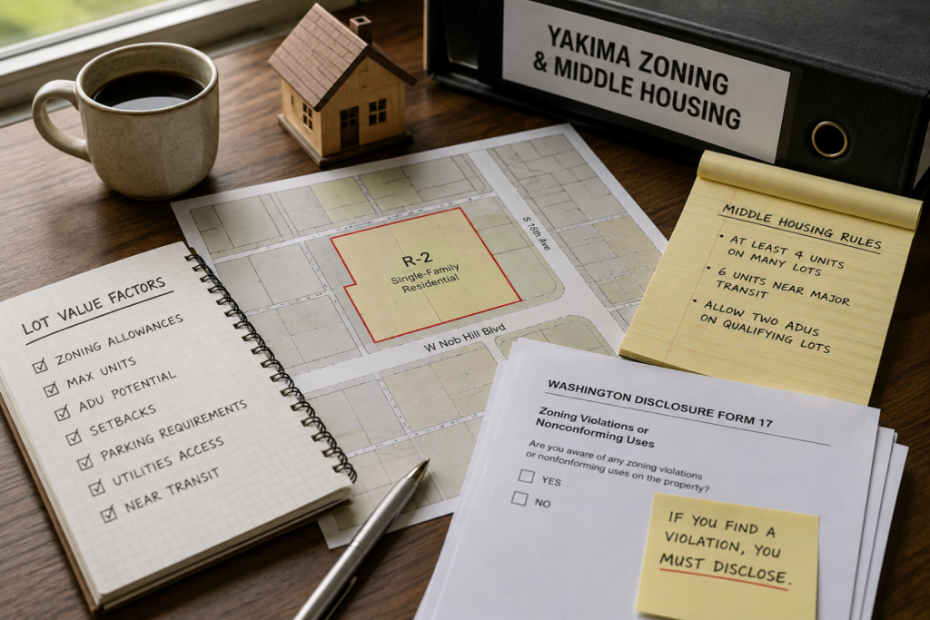 Residential parcel map and zoning documents used to evaluate development potential of a Yakima property.