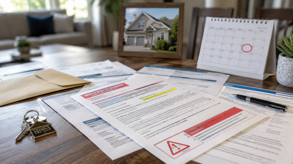 Foreclosure documents, home keys, and calendar showing different stages of foreclosure
