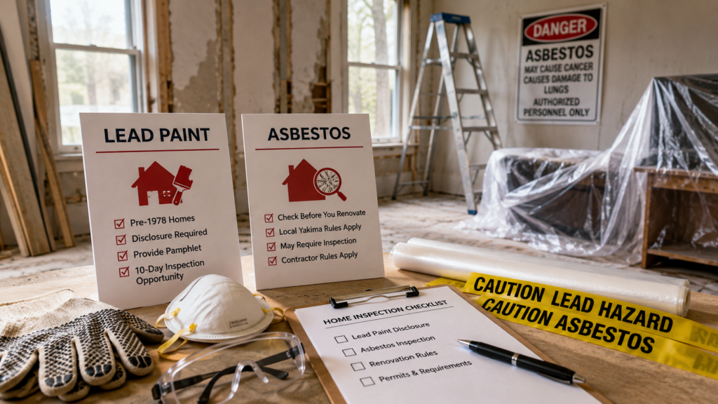 Older home renovation area prepared for possible lead paint and asbestos hazards before remodeling.