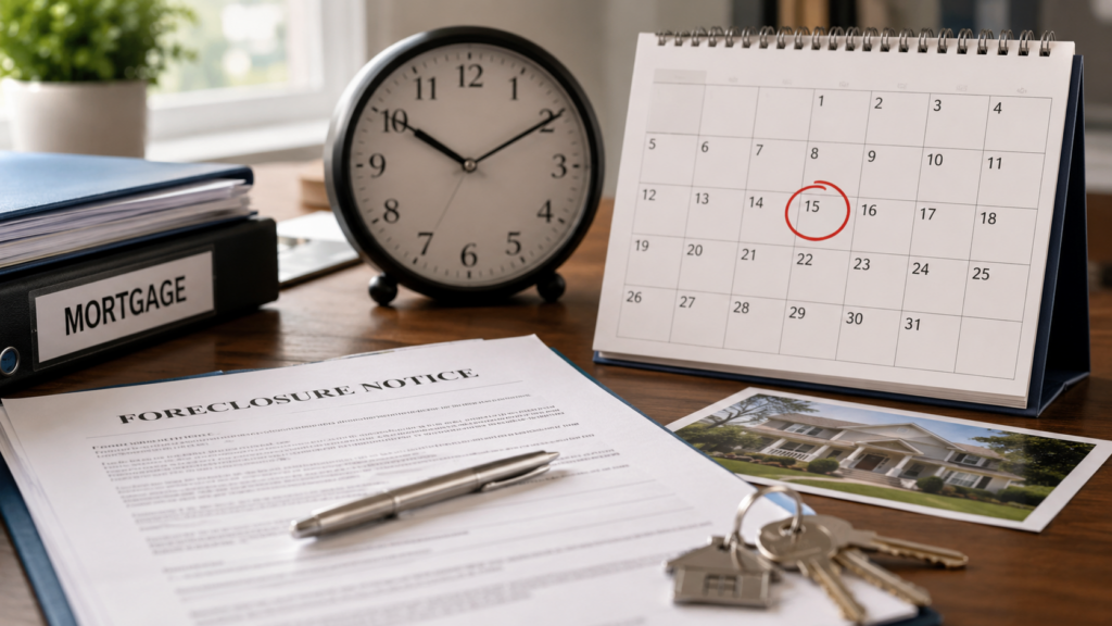 Foreclosure notice with a calendar and clock representing the deadline to sell a home