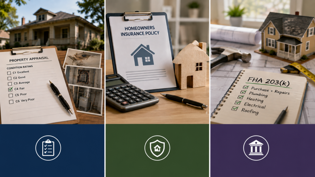 Older home being evaluated for appraisal, homeowners insurance, and renovation financing requirements.