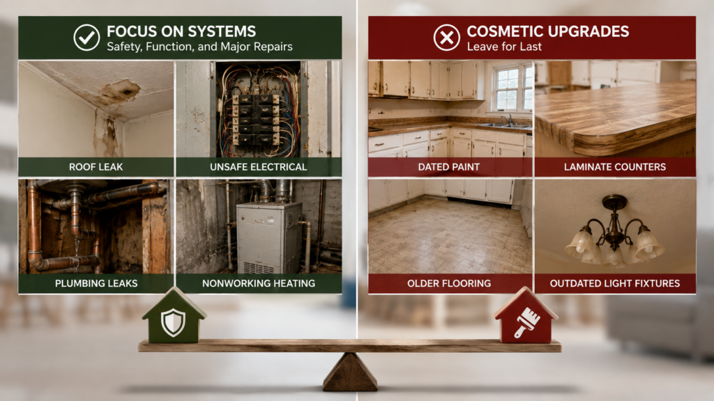 Comparison of major home system repairs and cosmetic upgrades when preparing an outdated house for sale.
