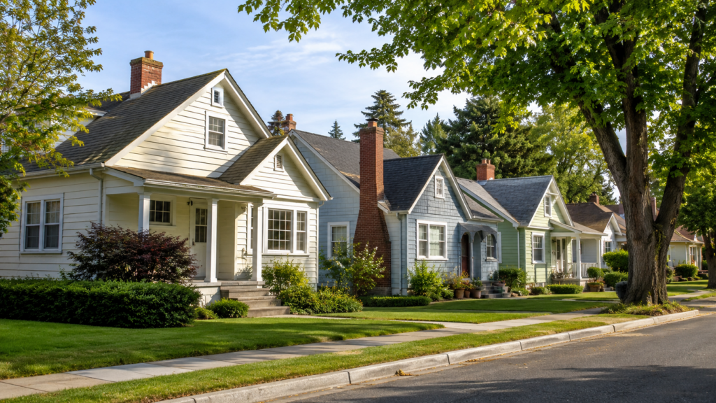 Older well-maintained homes along a tree-lined residential street in Richland, Washington.