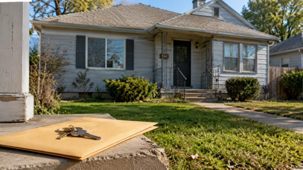 Older home needing some updates with house keys and an envelope placed outside, representing an as-is cash sale.