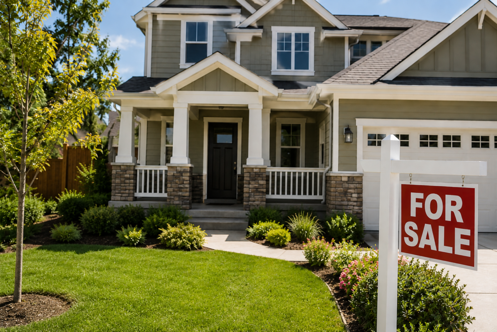 Well-maintained suburban home listed for sale with a real estate sign in the front yard.